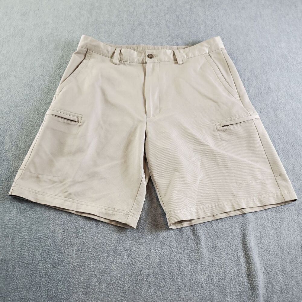 IZOD Shorts Mens 34 Tan Polyester Chino Golf Performance Flat Front Outdoor